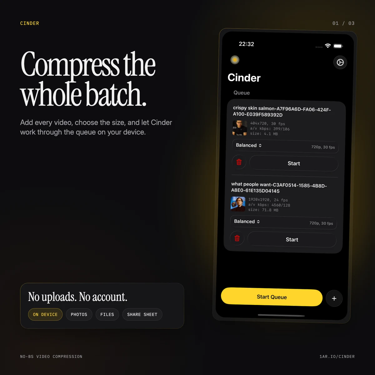 Cinder batch compression queue with the complete Start Queue control