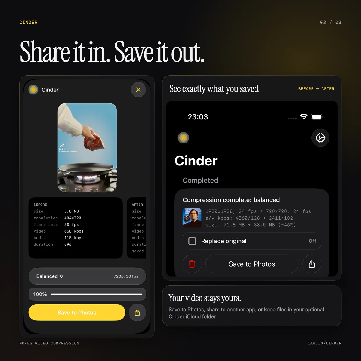 Cinder Share extension and completed result with Save to Photos and Share actions