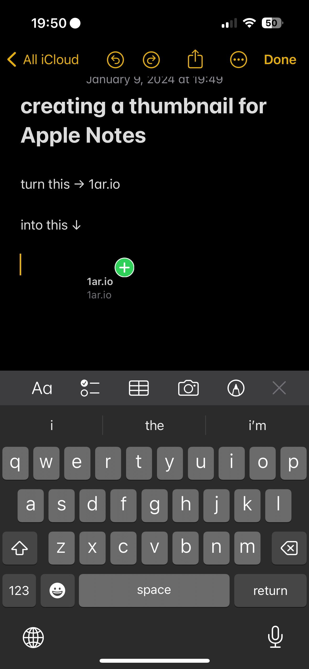 holding URL plate with on-screen keyboard - green + is visible