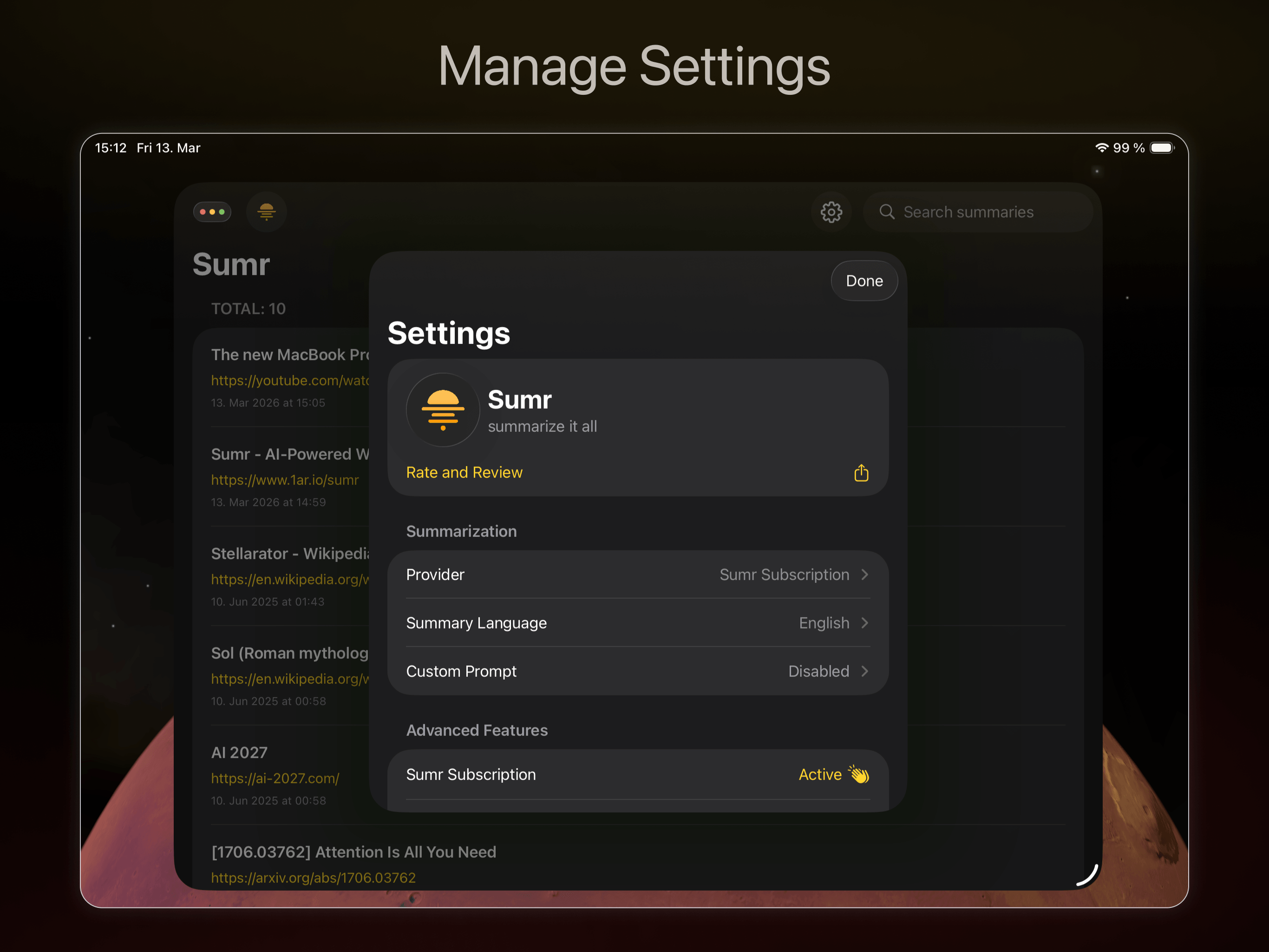 Settings on iPad